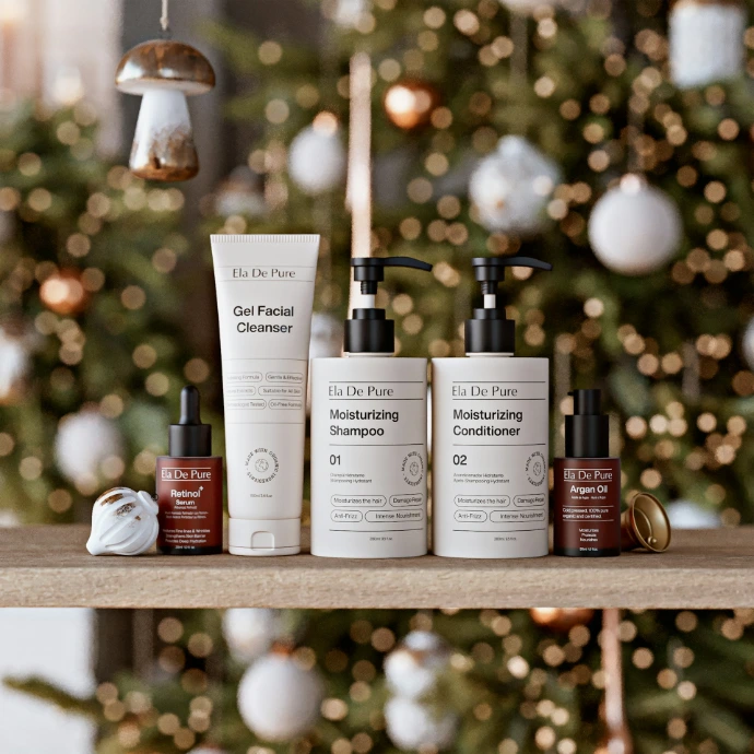 Skincare products displayed on a shelf with christmas tree background